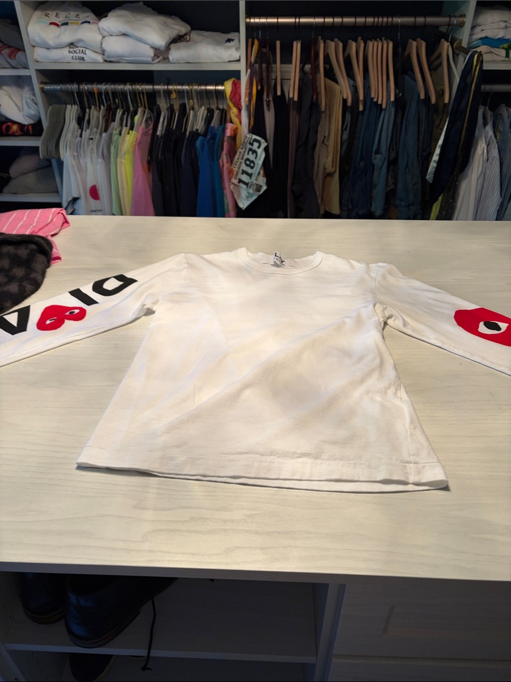 Comme des Garcons PLAY White Long-Sleeve Tee with Red Heart Sleeve Motifs